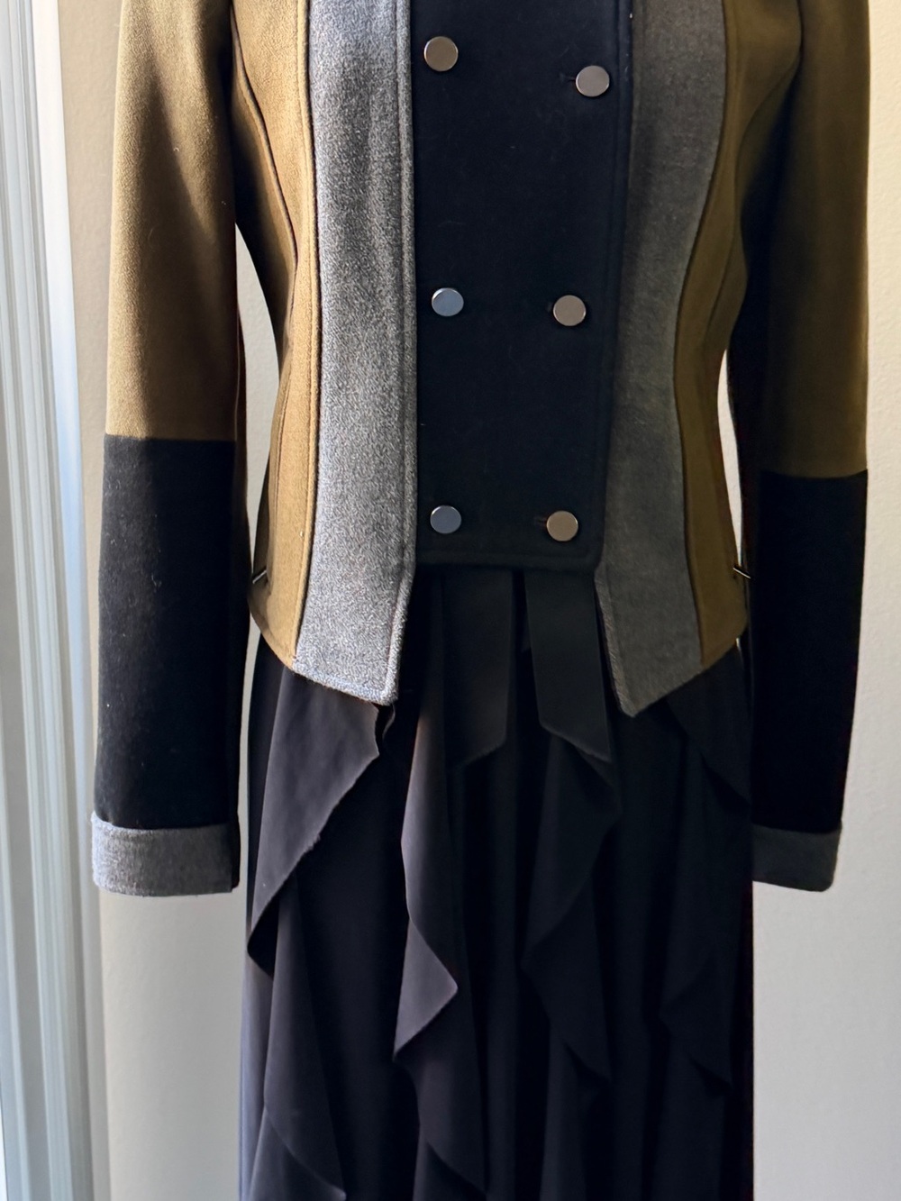 BCBGMAXAZRIA Womens Colorblock Military-Inspired Jacket - Olive, Black & Gray